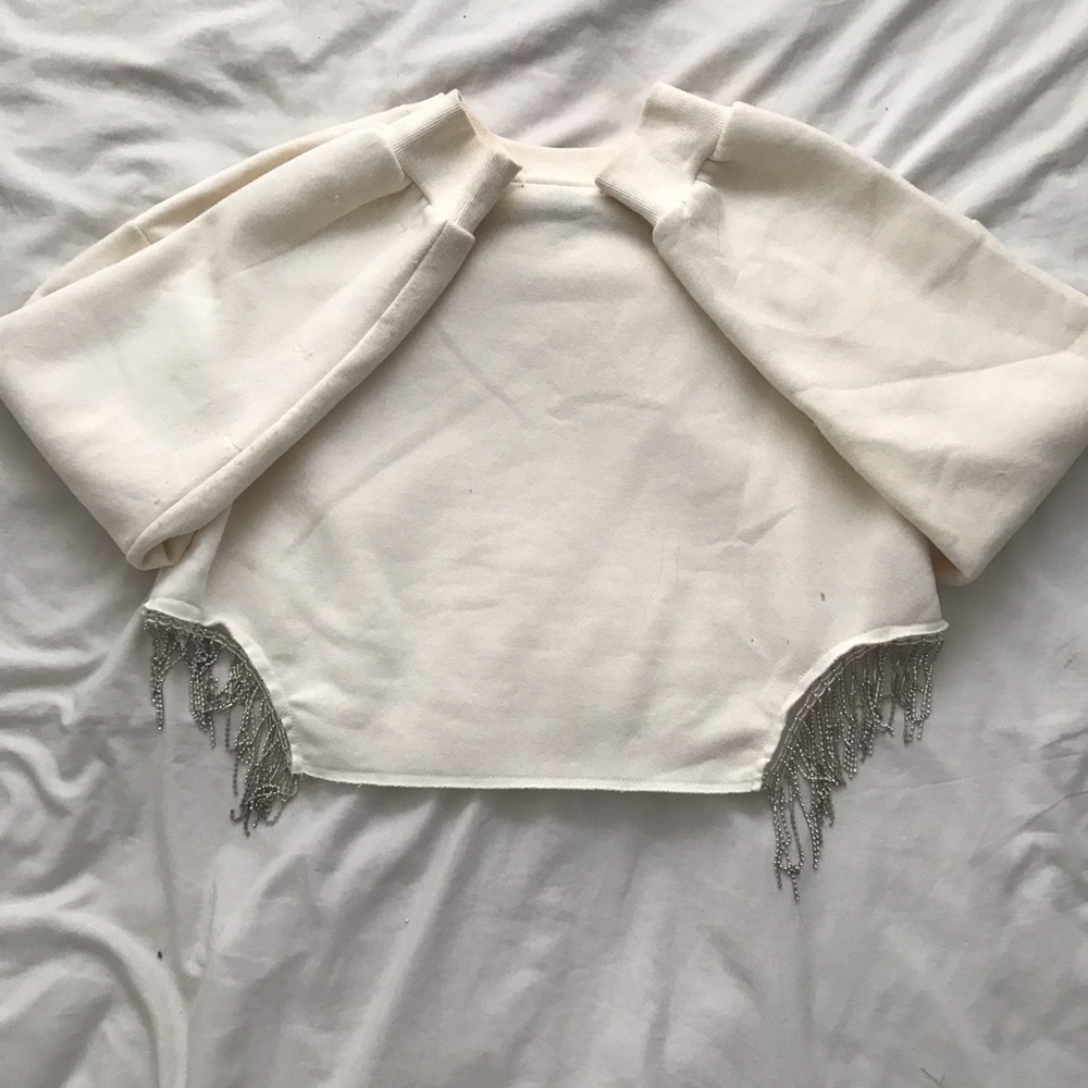 Ivory Cropped Sweatshirt with Silver Fringe